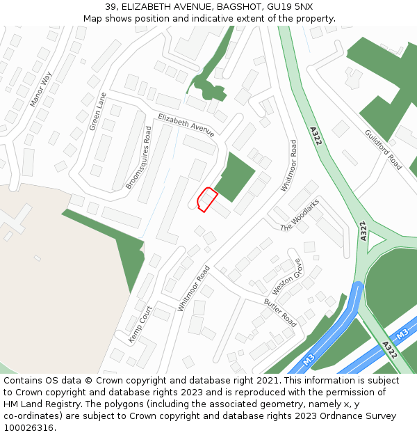 39, ELIZABETH AVENUE, BAGSHOT, GU19 5NX: Location map and indicative extent of plot