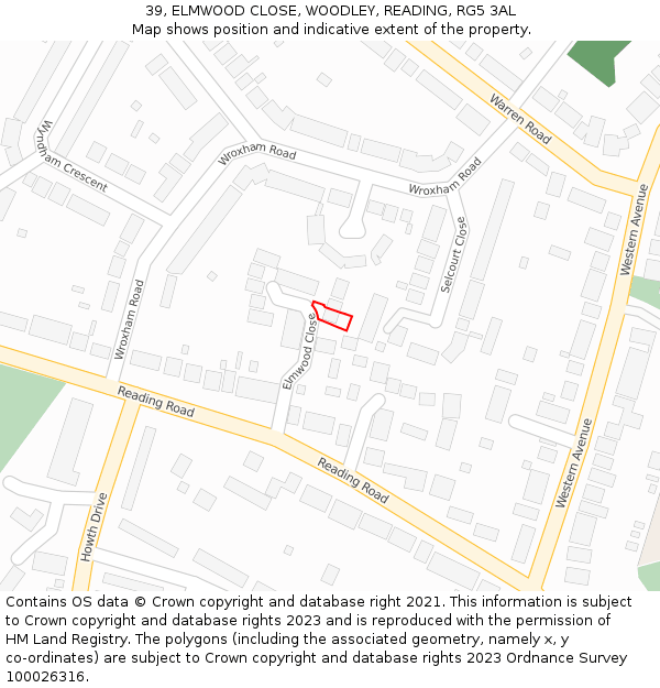 39, ELMWOOD CLOSE, WOODLEY, READING, RG5 3AL: Location map and indicative extent of plot