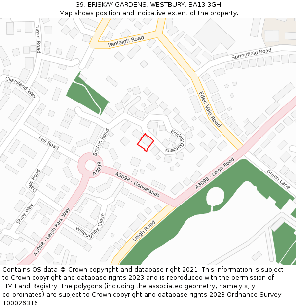 39, ERISKAY GARDENS, WESTBURY, BA13 3GH: Location map and indicative extent of plot