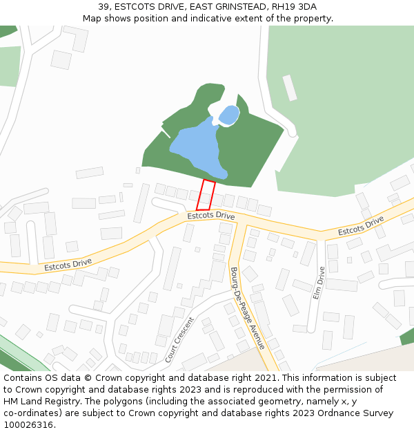 39, ESTCOTS DRIVE, EAST GRINSTEAD, RH19 3DA: Location map and indicative extent of plot