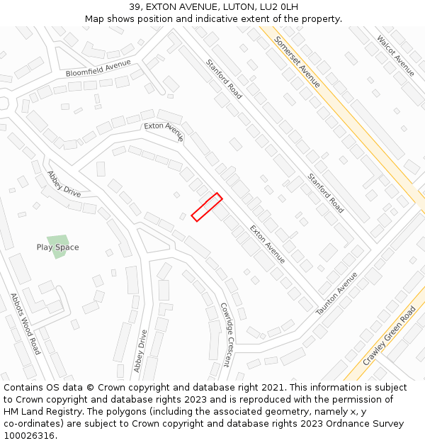 39, EXTON AVENUE, LUTON, LU2 0LH: Location map and indicative extent of plot