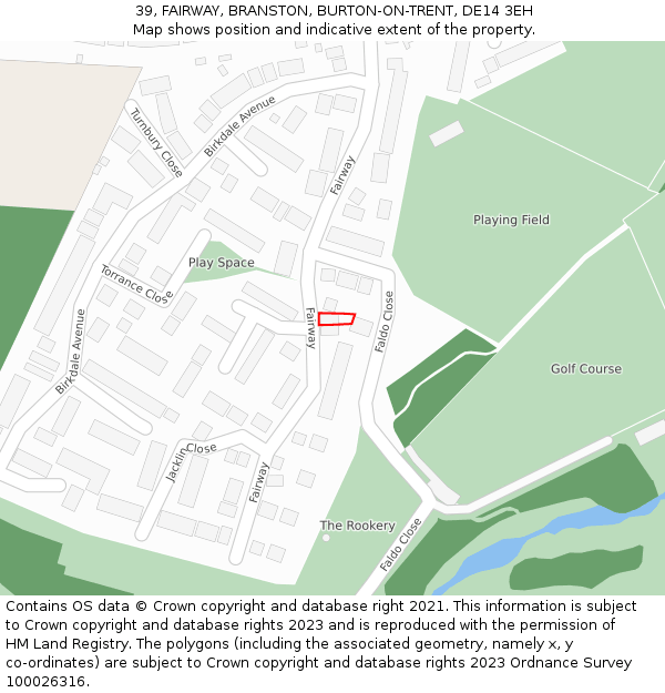 39, FAIRWAY, BRANSTON, BURTON-ON-TRENT, DE14 3EH: Location map and indicative extent of plot
