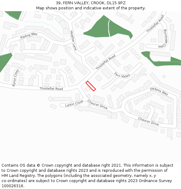 39, FERN VALLEY, CROOK, DL15 9PZ: Location map and indicative extent of plot