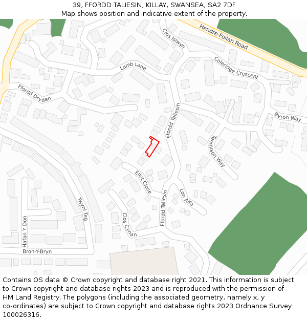 39, FFORDD TALIESIN, KILLAY, SWANSEA, SA2 7DF: Location map and indicative extent of plot