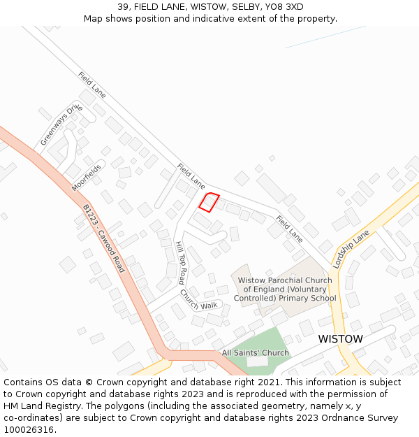 39, FIELD LANE, WISTOW, SELBY, YO8 3XD: Location map and indicative extent of plot