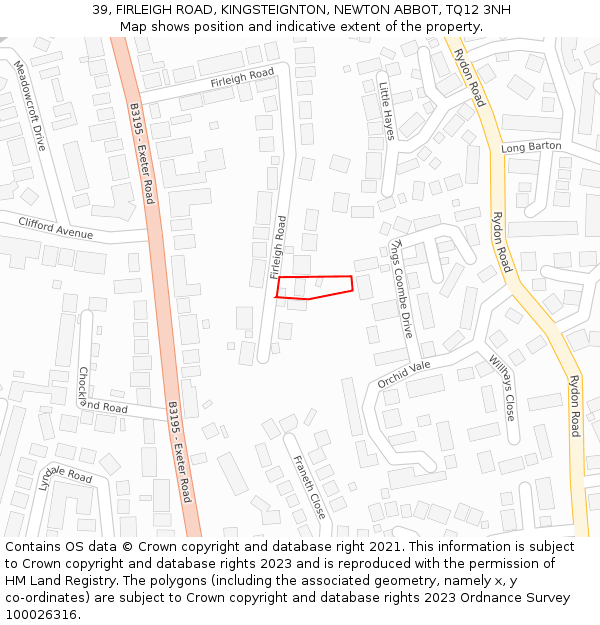 39, FIRLEIGH ROAD, KINGSTEIGNTON, NEWTON ABBOT, TQ12 3NH: Location map and indicative extent of plot