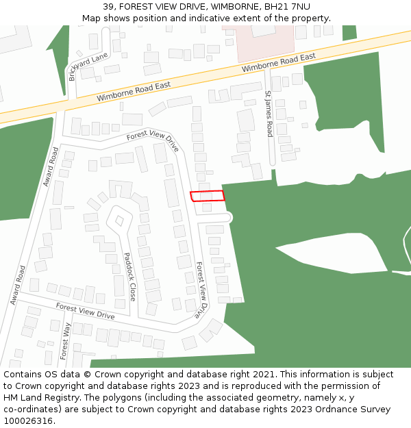 39, FOREST VIEW DRIVE, WIMBORNE, BH21 7NU: Location map and indicative extent of plot