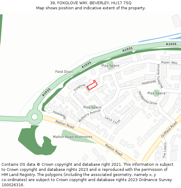 39, FOXGLOVE WAY, BEVERLEY, HU17 7SQ: Location map and indicative extent of plot