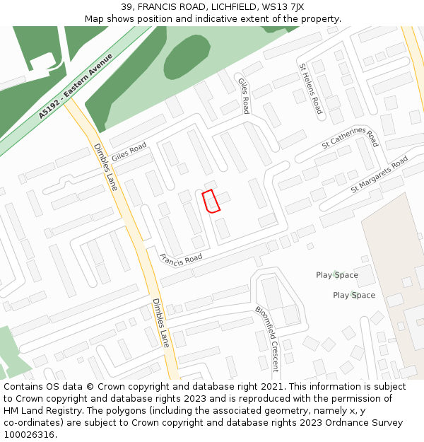 39, FRANCIS ROAD, LICHFIELD, WS13 7JX: Location map and indicative extent of plot