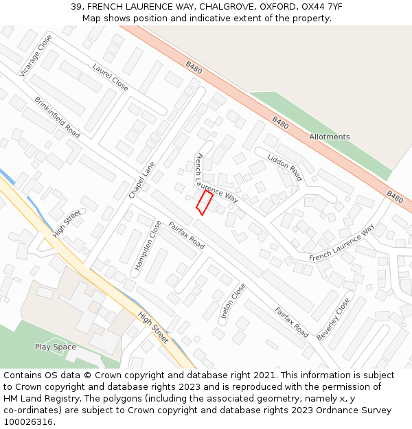 39, FRENCH LAURENCE WAY, CHALGROVE, OXFORD, OX44 7YF: Location map and indicative extent of plot