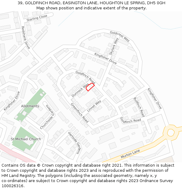 39, GOLDFINCH ROAD, EASINGTON LANE, HOUGHTON LE SPRING, DH5 0GH: Location map and indicative extent of plot