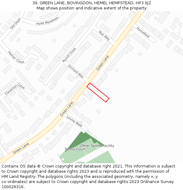 39, GREEN LANE, BOVINGDON, HEMEL HEMPSTEAD, HP3 0JZ: Location map and indicative extent of plot