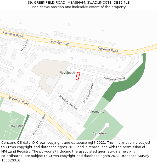 39, GREENFIELD ROAD, MEASHAM, SWADLINCOTE, DE12 7LB: Location map and indicative extent of plot