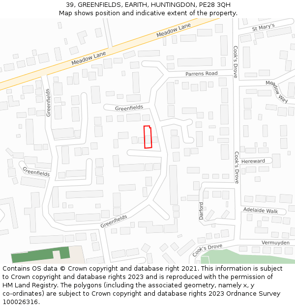 39, GREENFIELDS, EARITH, HUNTINGDON, PE28 3QH: Location map and indicative extent of plot