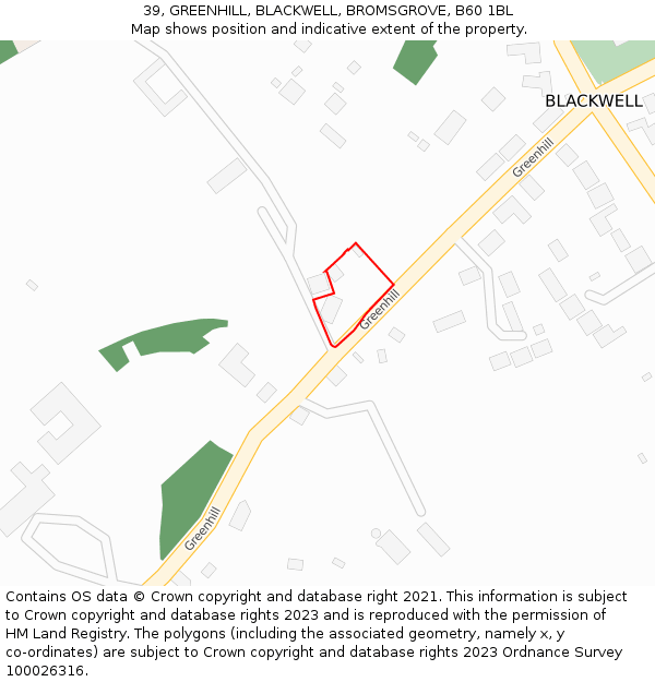 39, GREENHILL, BLACKWELL, BROMSGROVE, B60 1BL: Location map and indicative extent of plot