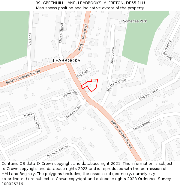 39, GREENHILL LANE, LEABROOKS, ALFRETON, DE55 1LU: Location map and indicative extent of plot