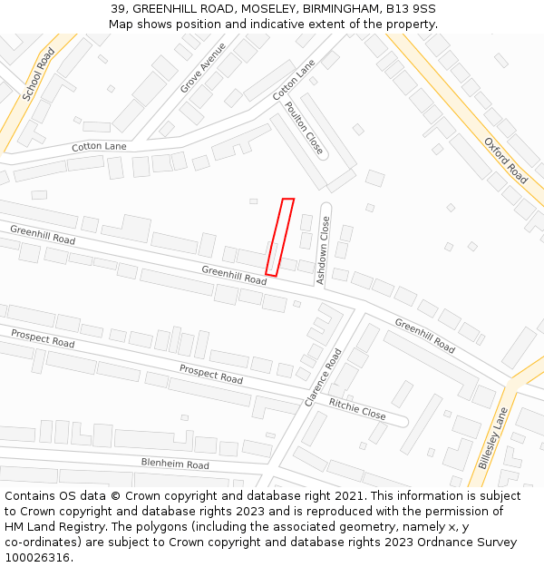 39, GREENHILL ROAD, MOSELEY, BIRMINGHAM, B13 9SS: Location map and indicative extent of plot