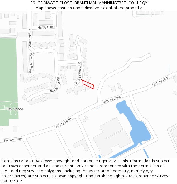 39, GRIMWADE CLOSE, BRANTHAM, MANNINGTREE, CO11 1QY: Location map and indicative extent of plot