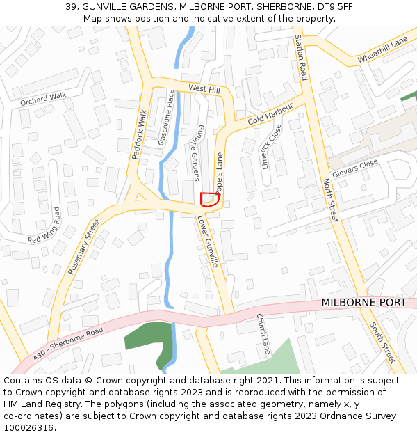 39, GUNVILLE GARDENS, MILBORNE PORT, SHERBORNE, DT9 5FF: Location map and indicative extent of plot