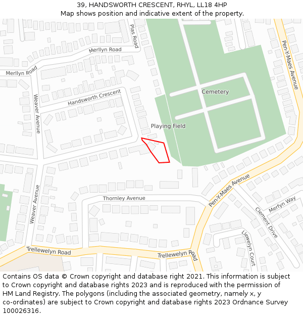 39, HANDSWORTH CRESCENT, RHYL, LL18 4HP: Location map and indicative extent of plot