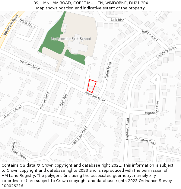 39, HANHAM ROAD, CORFE MULLEN, WIMBORNE, BH21 3PX: Location map and indicative extent of plot