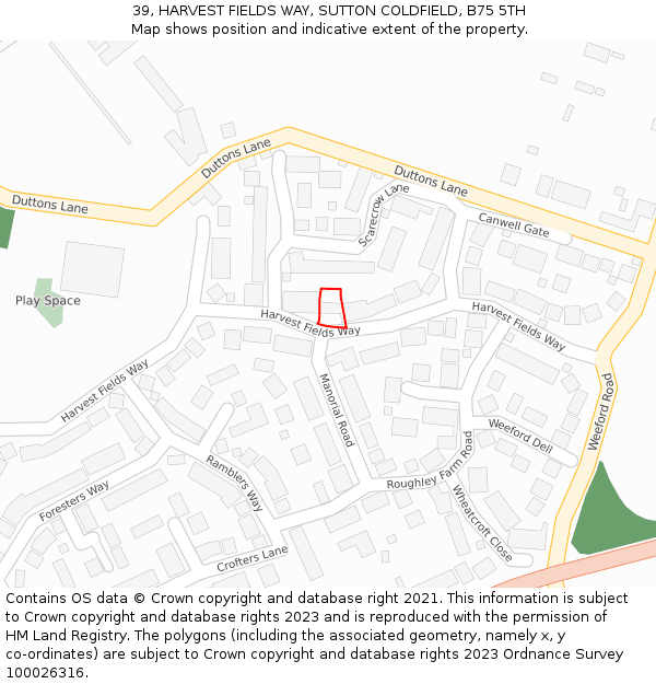 39, HARVEST FIELDS WAY, SUTTON COLDFIELD, B75 5TH: Location map and indicative extent of plot