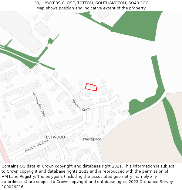 39, HAWKERS CLOSE, TOTTON, SOUTHAMPTON, SO40 3GG: Location map and indicative extent of plot