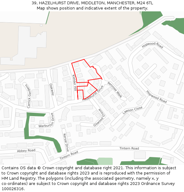 39, HAZELHURST DRIVE, MIDDLETON, MANCHESTER, M24 6TL: Location map and indicative extent of plot
