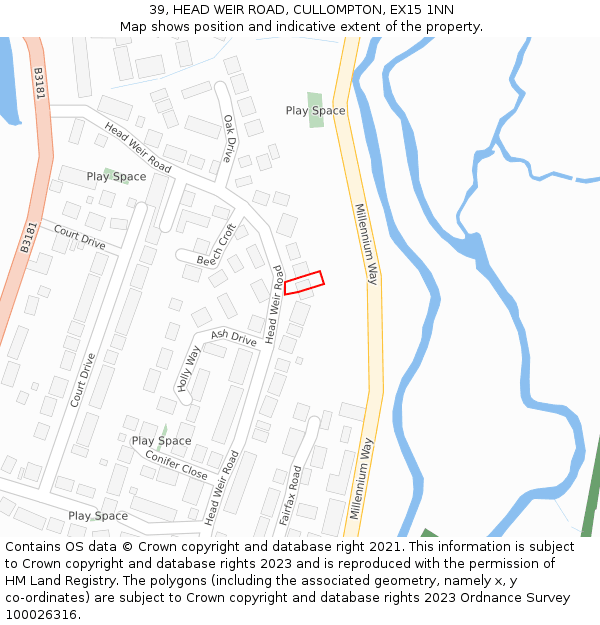 39, HEAD WEIR ROAD, CULLOMPTON, EX15 1NN: Location map and indicative extent of plot