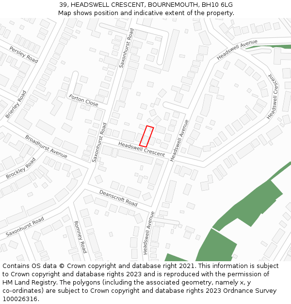 39, HEADSWELL CRESCENT, BOURNEMOUTH, BH10 6LG: Location map and indicative extent of plot