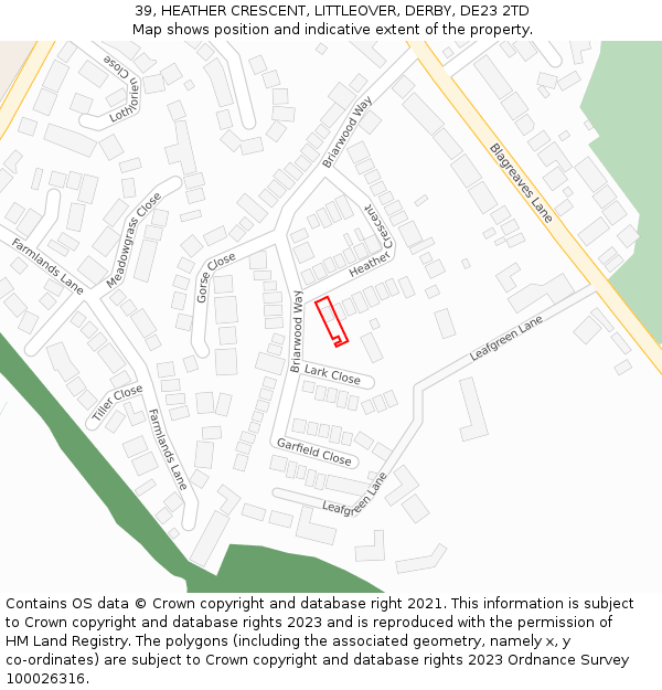 39, HEATHER CRESCENT, LITTLEOVER, DERBY, DE23 2TD: Location map and indicative extent of plot