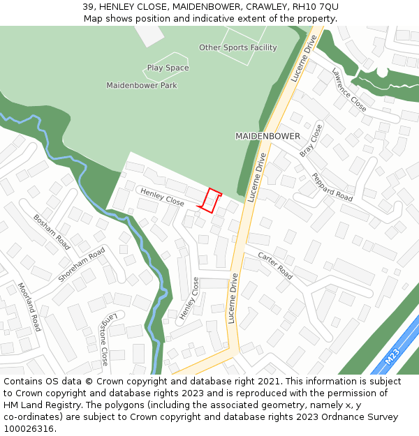 39, HENLEY CLOSE, MAIDENBOWER, CRAWLEY, RH10 7QU: Location map and indicative extent of plot