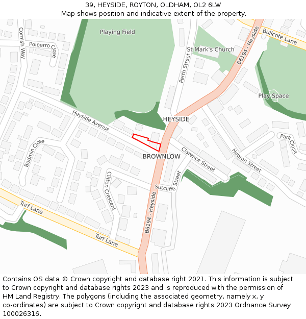 39, HEYSIDE, ROYTON, OLDHAM, OL2 6LW: Location map and indicative extent of plot