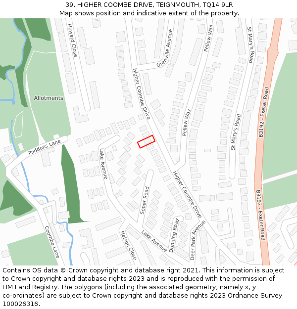 39, HIGHER COOMBE DRIVE, TEIGNMOUTH, TQ14 9LR: Location map and indicative extent of plot
