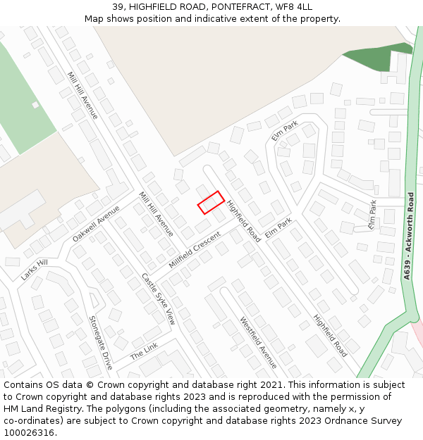 39, HIGHFIELD ROAD, PONTEFRACT, WF8 4LL: Location map and indicative extent of plot