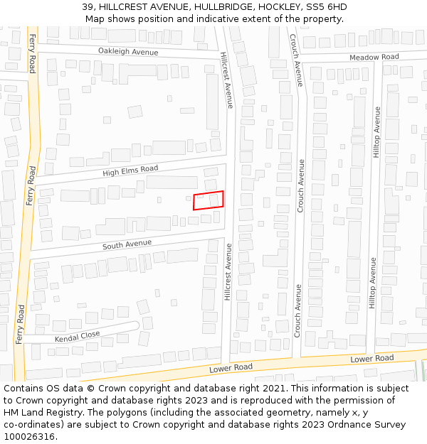 39, HILLCREST AVENUE, HULLBRIDGE, HOCKLEY, SS5 6HD: Location map and indicative extent of plot