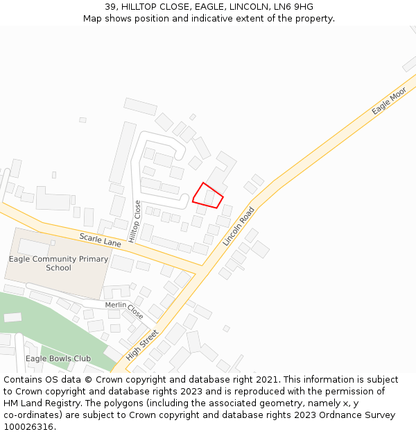 39, HILLTOP CLOSE, EAGLE, LINCOLN, LN6 9HG: Location map and indicative extent of plot