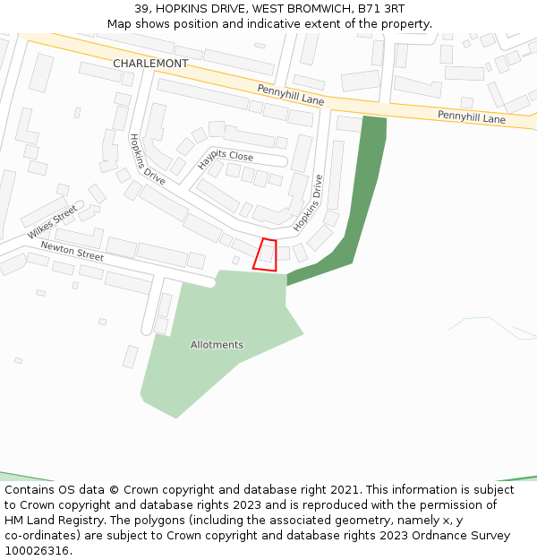 39, HOPKINS DRIVE, WEST BROMWICH, B71 3RT: Location map and indicative extent of plot