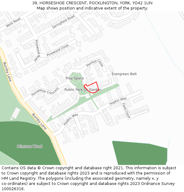 39, HORSESHOE CRESCENT, POCKLINGTON, YORK, YO42 1UN: Location map and indicative extent of plot