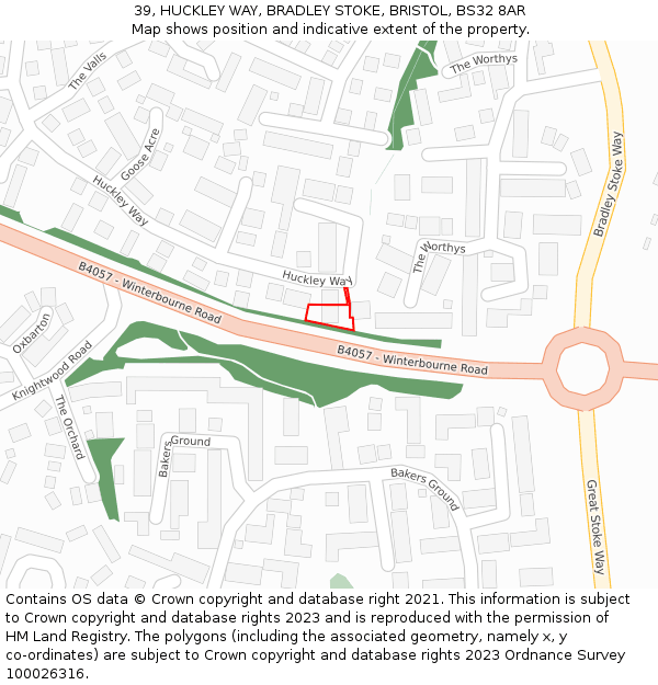 39, HUCKLEY WAY, BRADLEY STOKE, BRISTOL, BS32 8AR: Location map and indicative extent of plot