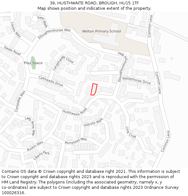 39, HUSTHWAITE ROAD, BROUGH, HU15 1TF: Location map and indicative extent of plot