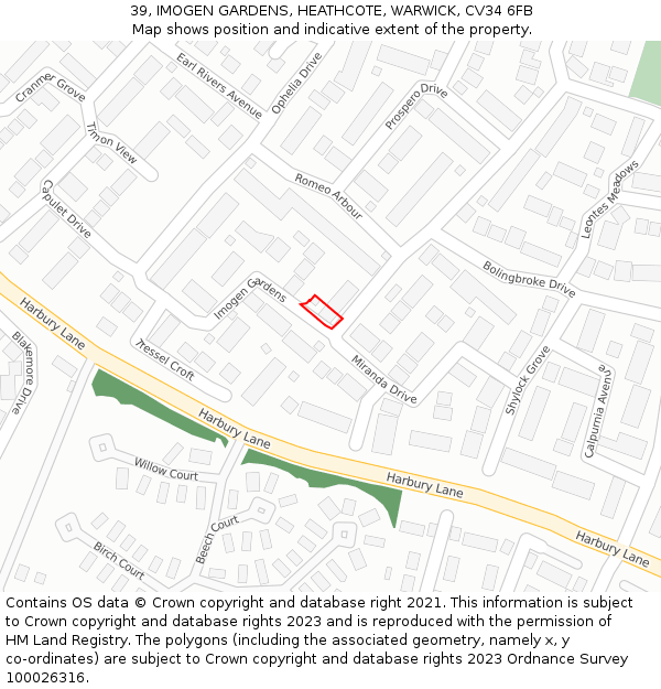 39, IMOGEN GARDENS, HEATHCOTE, WARWICK, CV34 6FB: Location map and indicative extent of plot
