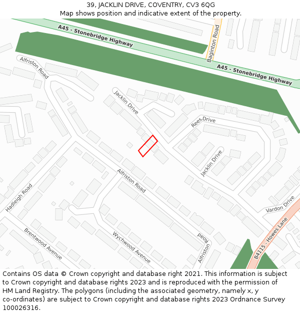 39, JACKLIN DRIVE, COVENTRY, CV3 6QG: Location map and indicative extent of plot