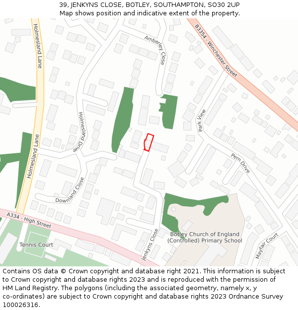 39, JENKYNS CLOSE, BOTLEY, SOUTHAMPTON, SO30 2UP: Location map and indicative extent of plot