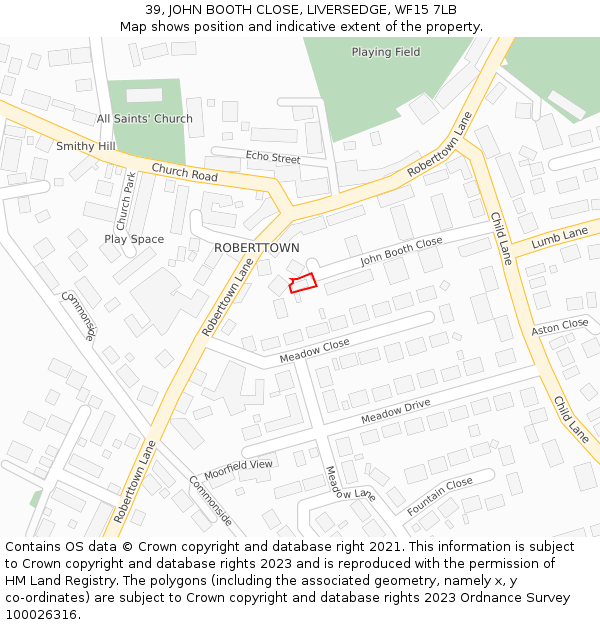 39, JOHN BOOTH CLOSE, LIVERSEDGE, WF15 7LB: Location map and indicative extent of plot