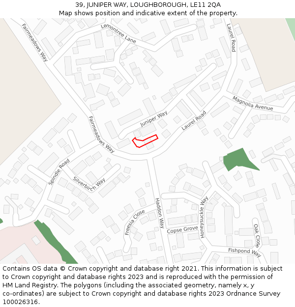 39, JUNIPER WAY, LOUGHBOROUGH, LE11 2QA: Location map and indicative extent of plot