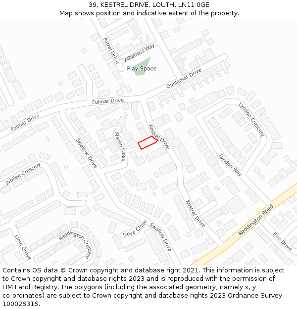 39, KESTREL DRIVE, LOUTH, LN11 0GE: Location map and indicative extent of plot