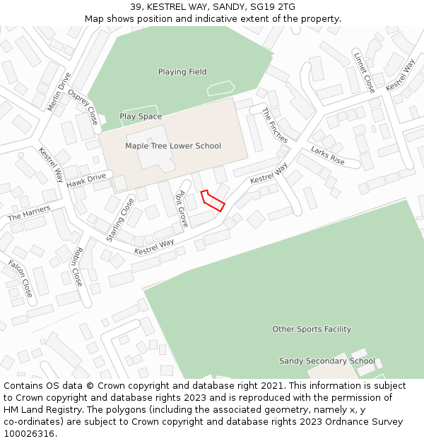 39, KESTREL WAY, SANDY, SG19 2TG: Location map and indicative extent of plot