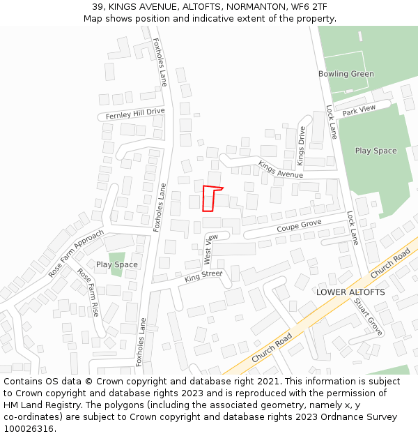 39, KINGS AVENUE, ALTOFTS, NORMANTON, WF6 2TF: Location map and indicative extent of plot