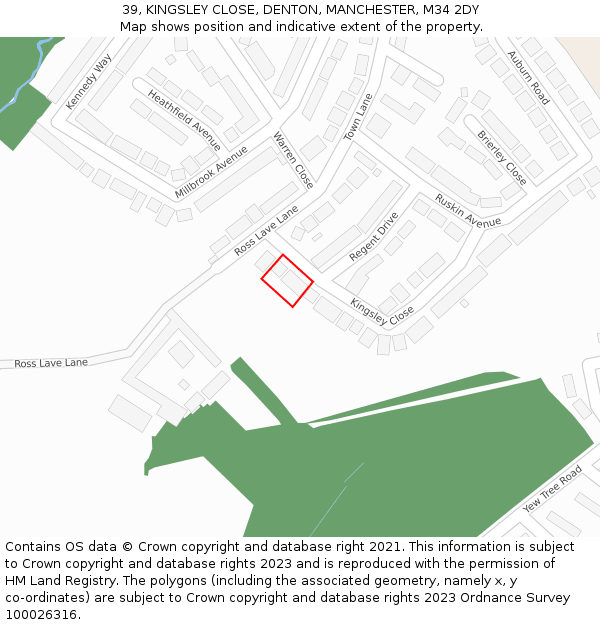 39, KINGSLEY CLOSE, DENTON, MANCHESTER, M34 2DY: Location map and indicative extent of plot